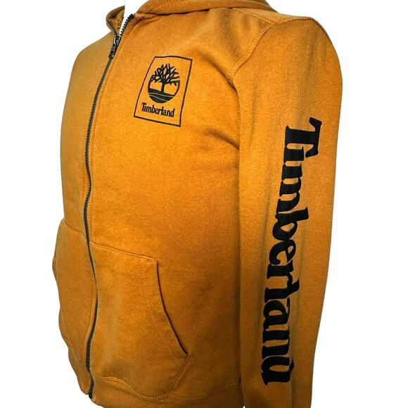 TIMBERLAND Unisex Youth Large Hoodie Brown Spellout Logo Full Zip Tree‎ Pockets - Picture 1 of 9